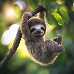 Fototapeta premium Adorable Baby Sloth Hanging on Branch with Fuzzy Fur