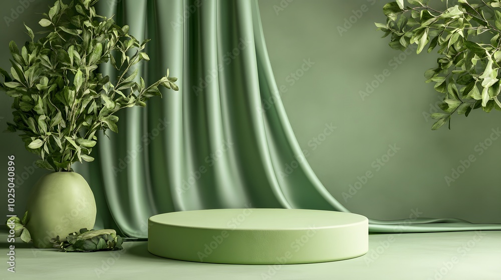 Poster 5. a stylish 3d rendering of a green podium display with a satin wave curtain gracefully draping beh