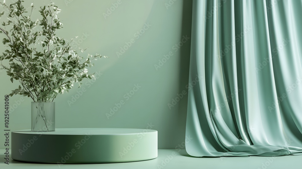 Poster 5. a stylish 3d rendering of a green podium display with a satin wave curtain gracefully draping beh