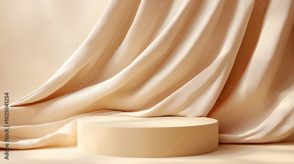 Poster 1. a sleek 3d rendering of a round pedestal set against a soft beige background, draped with a flowi