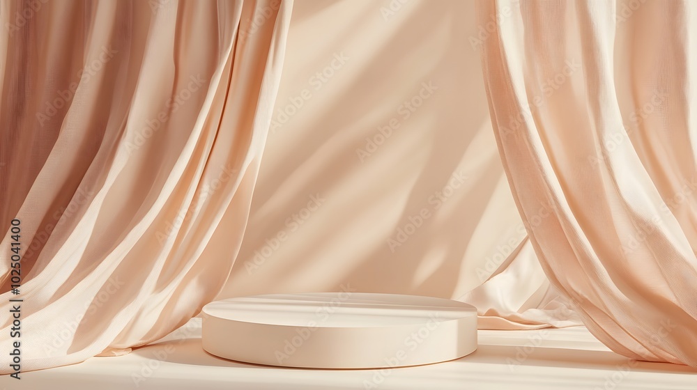 Poster 2. an artistic composition featuring a minimal abstract beige backdrop with a smooth round podium, c