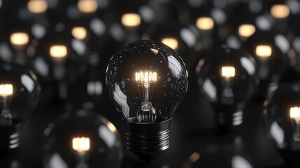A luminous light bulb stands out among a sea of unlit bulbs, casting a warm glow in a dimly lit setting, creating an inspiring ambiance