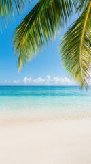 Fototapeta premium Tropical beach paradise with clear water and palm trees under a bright blue sky.