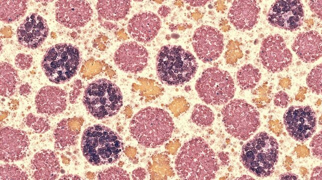 A staging bone marrow biopsy shows replacement of normal elements by diffuse large B-cell lymphoma, a type of non Hodgkin lymphoma, a malignancy (cancer) of lymphocytes, in this ca