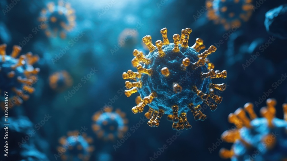 Poster exploring the intricate structure of a virus under microscopic observation in a captivating underwat