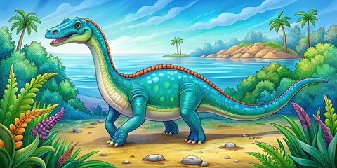 Obraz premium Animals Coloring Book Alphabet: Isolated Vector Cartoon Plesiosaurus Dinosaur for Kids Fun and Educational Creativity