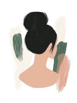 recommend clip art: 女性の後ろ姿とアートな背景の調和、シンプルなスタイルと柔らかい色合いが魅力的