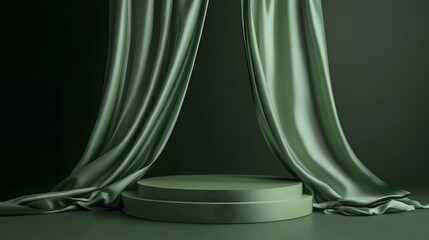 3. A sleek 3D mockup of a green podium display, accented by a soft satin wave curtain on a deep green background, perfect for showcasing natural beauty products with a cohesive aesthetic