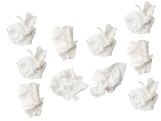Top view set of screwed or crumpled white tissue paper ball isolated with clipping path in png file...