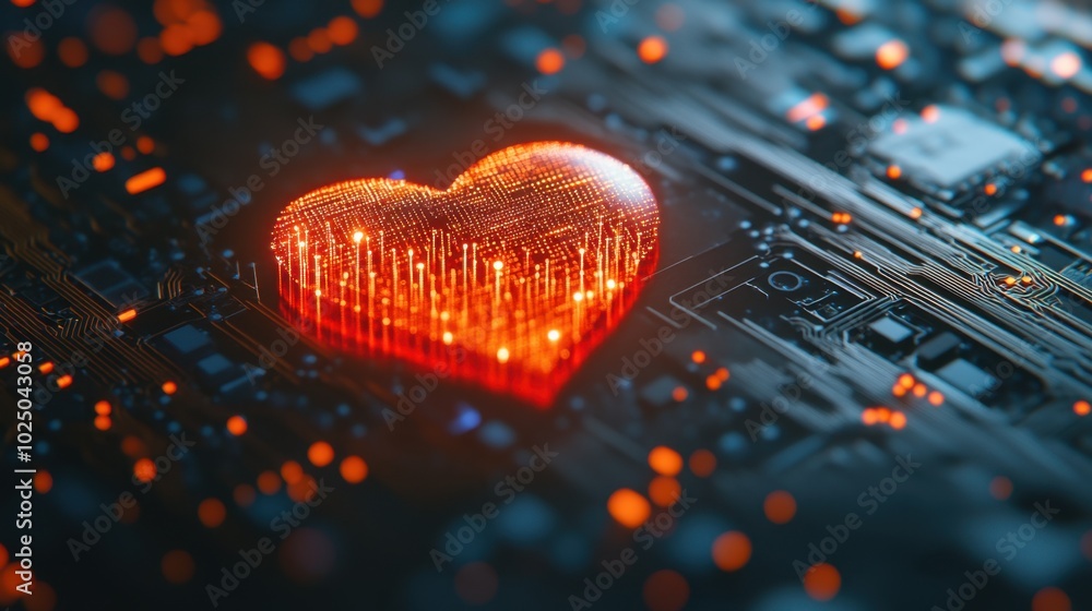 Poster a vivid representation of love illuminated on a circuit board, blending technology and emotion in an