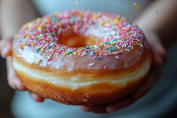 Sweet Pastry. Glazed donut with colorful sprinkles held by hands, dess