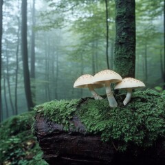Fototapeta premium Misty Forest Mushrooms A Detailed View of Natures Beauty
