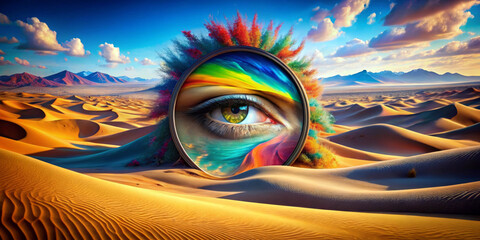 A vivid eye decorated with swirling colors emerges from the golden dunes of the vast desert landscape.Scene captures the contrast between the vivid spectrum of the eye and the surrounding sand. AI gen