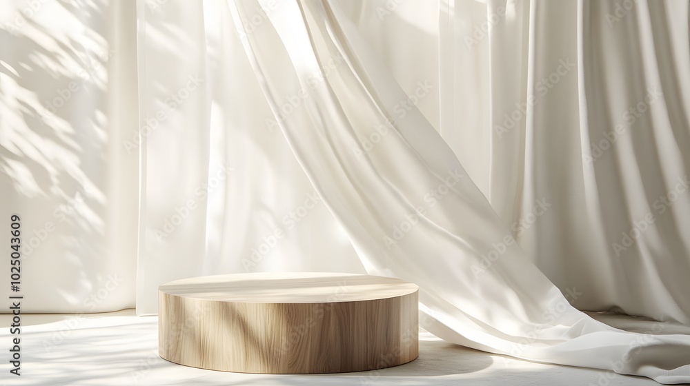 Poster 4. a stylish 3d composition of an empty round wooden podium side table set against a backdrop of sof