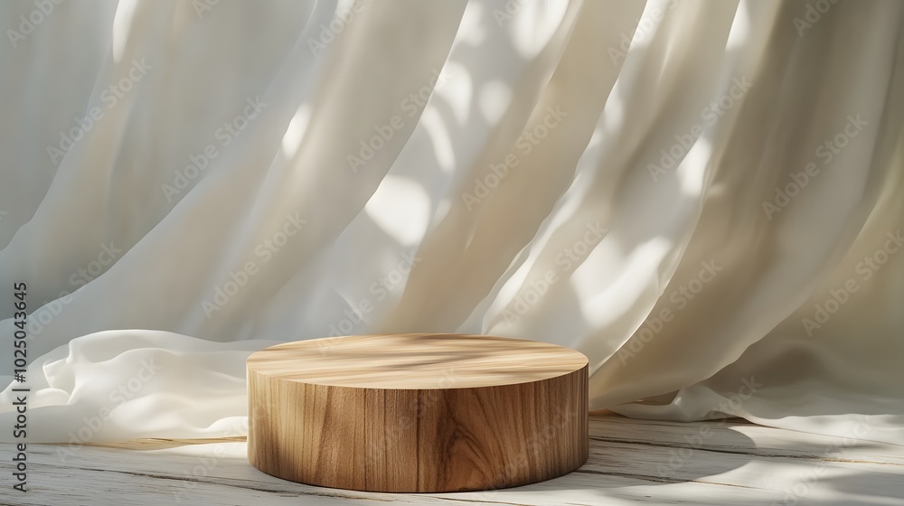 Aufkleber 4. a stylish 3d composition of an empty round wooden podium side table set against a backdrop of sof