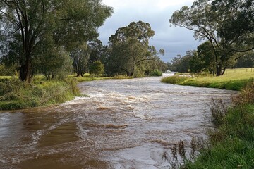 Obraz premium River flowing through lush green forest in spring