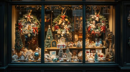 Shop window decorated with Christmas attributes. AI generated illustration.