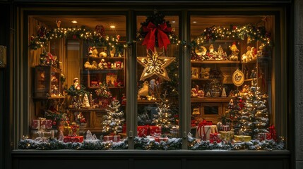 Shop window decorated with Christmas attributes. AI generated illustration.