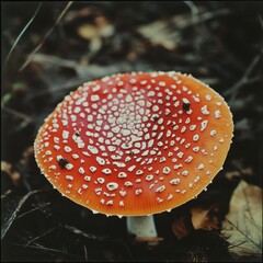 Red Spotted Mushroom in Forest Floor CloseUp