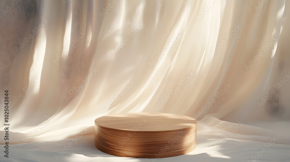 Poster 4. a stylish 3d composition of an empty round wooden podium side table set against a backdrop of sof