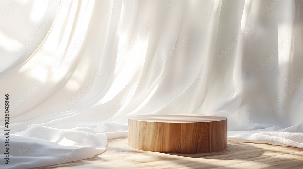 Poster 4. a stylish 3d composition of an empty round wooden podium side table set against a backdrop of sof