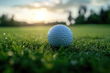 Obraz premium Golf ball sitting on a grass golf course at sunset
