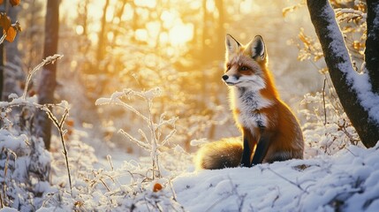 Fox in Winter Wonderland Sunbeams Through the Trees