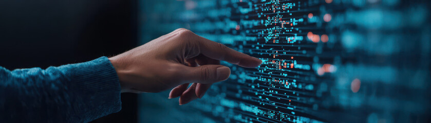 hand interacting with digital interface displaying data patterns and algorithms, showcasing technology and innovation. scene evokes sense of exploration and engagement with advanced systems