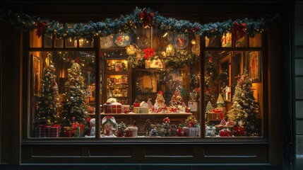 Shop window decorated with Christmas attributes. AI generated illustration.