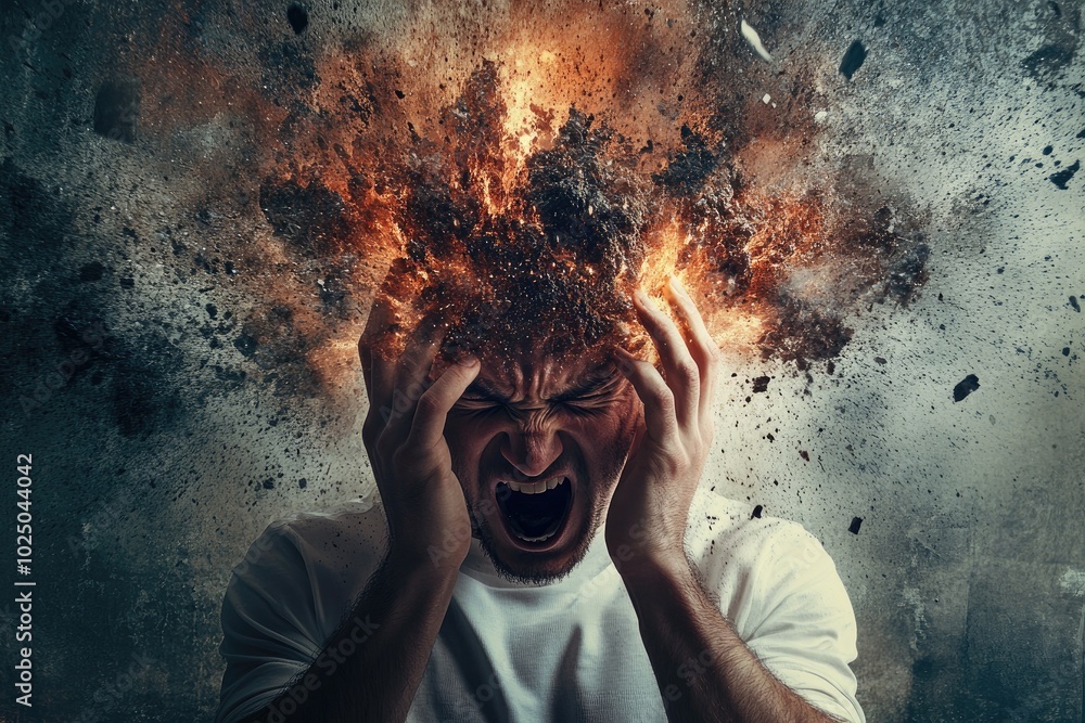 Wall mural man suffering from severe headache with exploding head