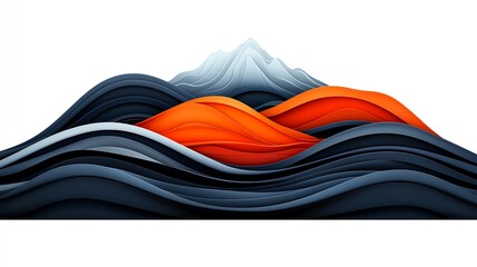 A stylized depiction of layered waves in vibrant colors, featuring blues, oranges, and grays, with a hint of mountainous shapes in the background.