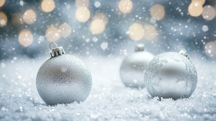 Silver Christmas ornaments on snowy background. AI generated illustration.