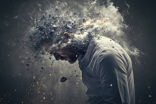 Businessman suffering from mental health issues exploding head