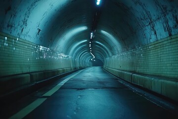 Empty urban tunnel road disappearing into darkness