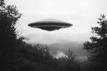 Unidentified flying object hovering over forest landscape