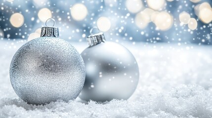Silver Christmas ornaments on snowy background. AI generated illustration.