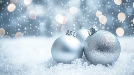 Silver Christmas ornaments on snowy background. AI generated illustration.