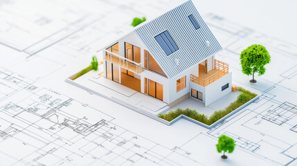 Digital architectural blueprint of modular home, construction site, sleek, eco-conscious design