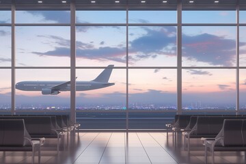 Waiting area at airport with airplanes flying