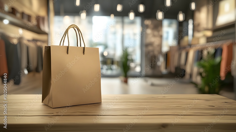 Poster 4. a beautiful 3d rendering of a brown ecological shopping bag on a wooden table, set in a clothing 