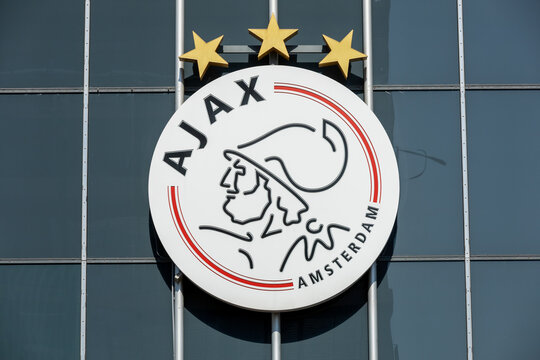 Ajax logo sign at the fan shop at the  Johan Cruijff Arena Amsterdam the soccer stadium of Ajax. Amsterdam, the Netherlands. 13 May 2023. 
