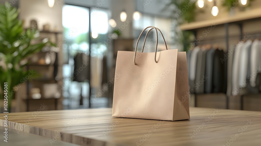 Poster 4. a beautiful 3d rendering of a brown ecological shopping bag on a wooden table, set in a clothing 
