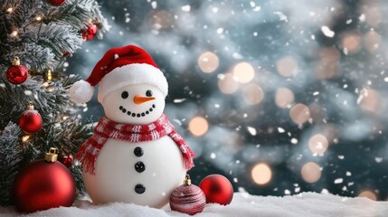 Snowman near the Christmas tree with festive attributes. AI generated illustration.