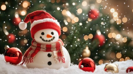 Snowman near the Christmas tree with festive attributes. AI generated illustration.
