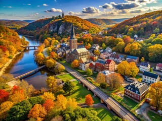 Autumn in Harpers Ferry: Historic Townscape with Vibrant Fall Colors and Iconic Church in West Virginia