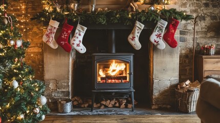 Cozy Rustic Christmas Scene with Wood Burning Stove