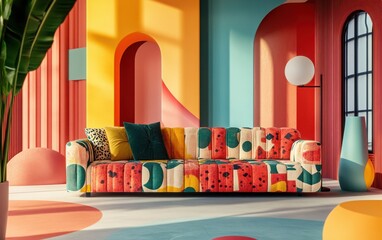 Side perspective of the living room, capturing the vibrant sofa in relation to the abstract geometric shapes that decorate the walls and floor. 