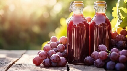 Freshly bottled grape juice basking in golden sunlight, surrounded by ripe grapes on a rustic wooden surface