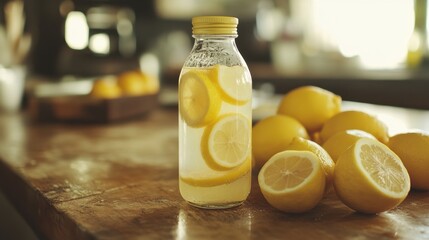 Refreshing homemade lemonade with lemon slices on a rustic wooden table in a sunlit kitchen