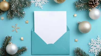 Turquoise envelope with New Year's attributes. AI generated illustration.